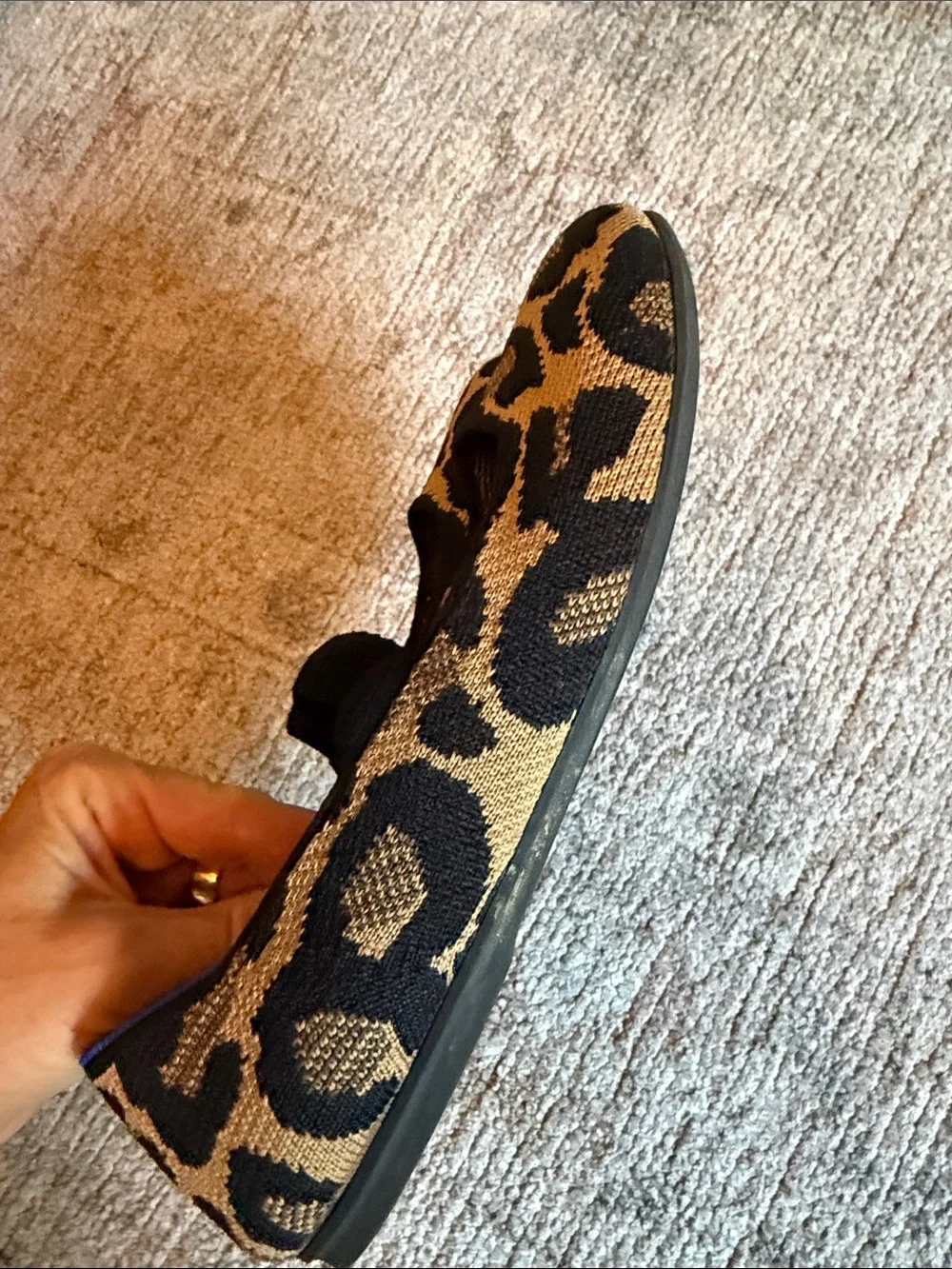 Rothy's Kids Leopard Print Mary Jane Flats in Tan and Black with Blue Trim